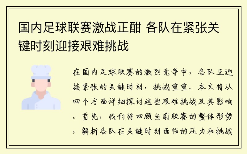 国内足球联赛激战正酣 各队在紧张关键时刻迎接艰难挑战