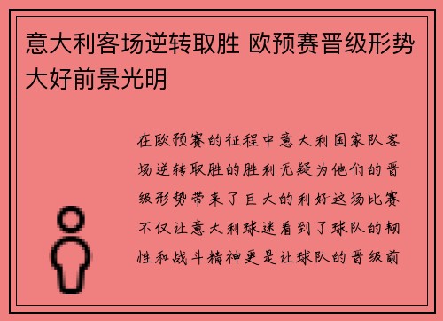 意大利客场逆转取胜 欧预赛晋级形势大好前景光明