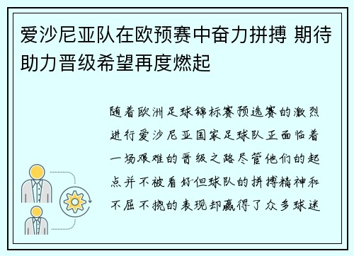 爱沙尼亚队在欧预赛中奋力拼搏 期待助力晋级希望再度燃起