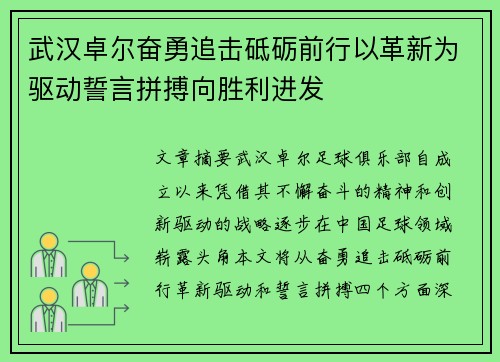 武汉卓尔奋勇追击砥砺前行以革新为驱动誓言拼搏向胜利进发