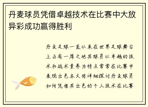 丹麦球员凭借卓越技术在比赛中大放异彩成功赢得胜利
