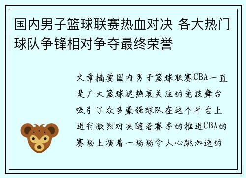 国内男子篮球联赛热血对决 各大热门球队争锋相对争夺最终荣誉