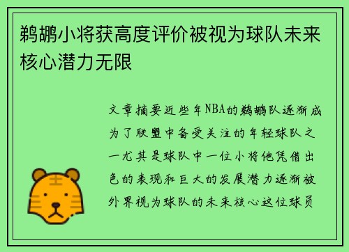 鹈鹕小将获高度评价被视为球队未来核心潜力无限