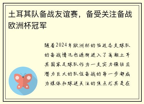 土耳其队备战友谊赛，备受关注备战欧洲杯冠军