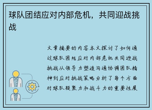 球队团结应对内部危机，共同迎战挑战