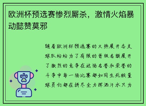 欧洲杯预选赛惨烈厮杀，激情火焰暴动懿赞莫邪