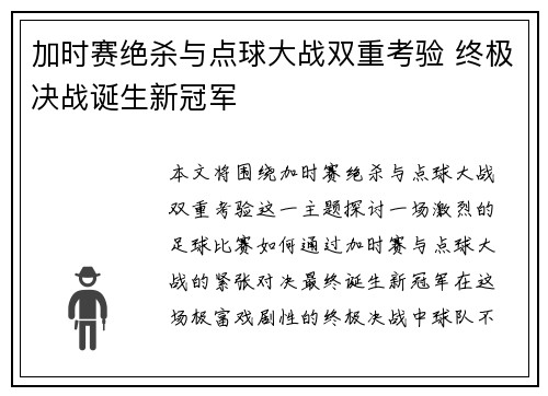 加时赛绝杀与点球大战双重考验 终极决战诞生新冠军