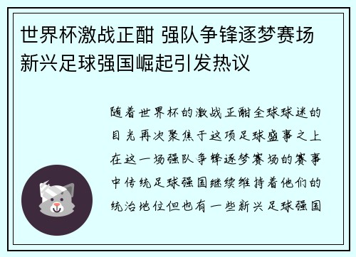 世界杯激战正酣 强队争锋逐梦赛场 新兴足球强国崛起引发热议