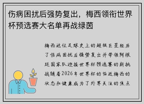 伤病困扰后强势复出，梅西领衔世界杯预选赛大名单再战绿茵